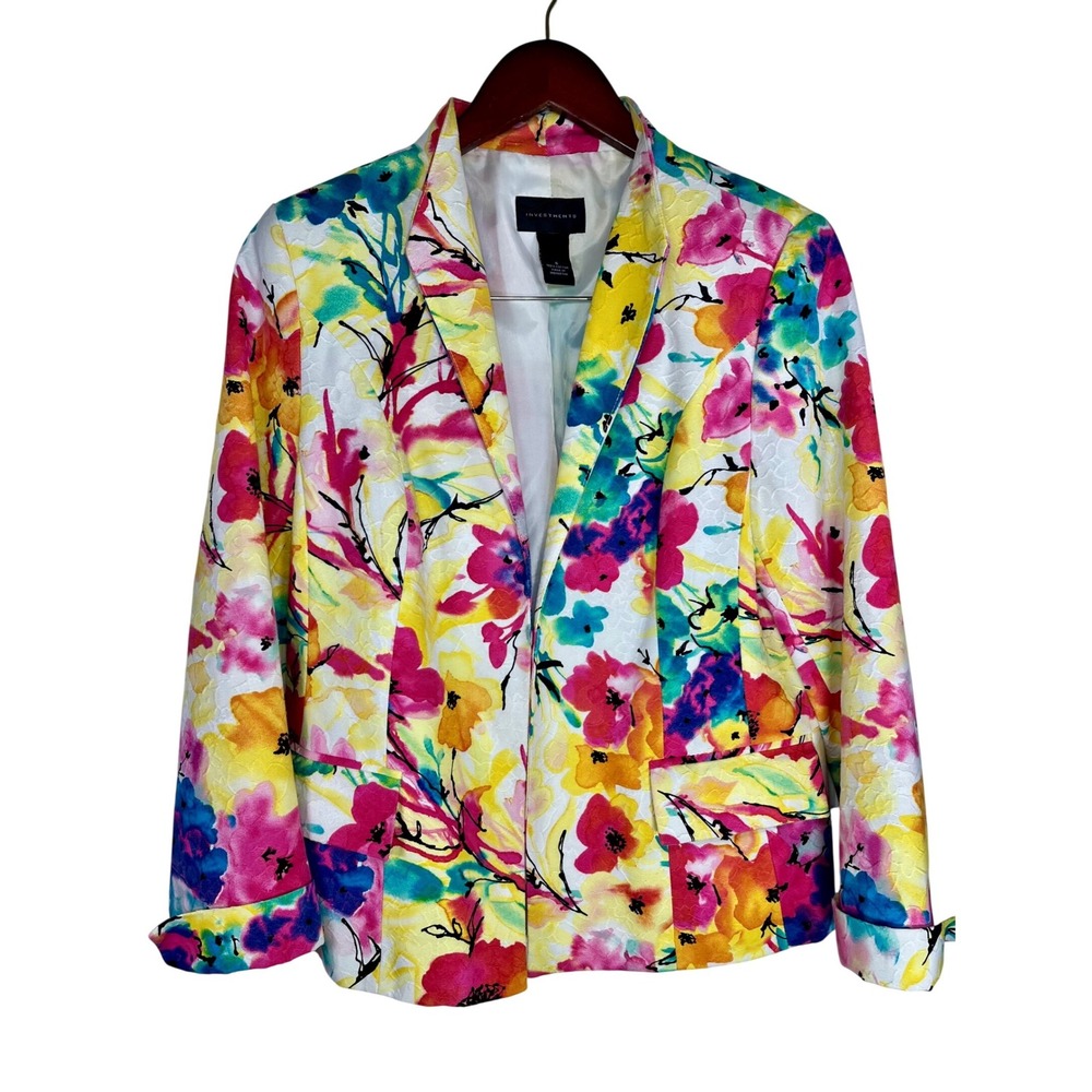 Investments Blazer Women 6 Multicolor Floral Jacquard Open Front Pocket Cotton